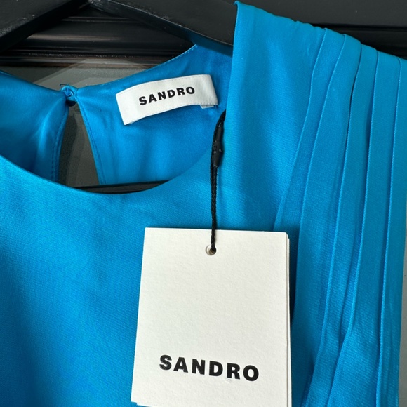 NWT Blue SANDRO Cut-out one-shoulder satin maxi dress - Picture 5 of 7